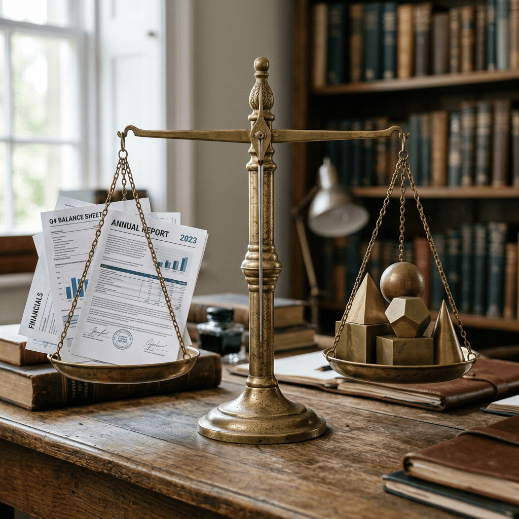 Vintage balance scale with financial documents on one side and brass geometric shapes on the other